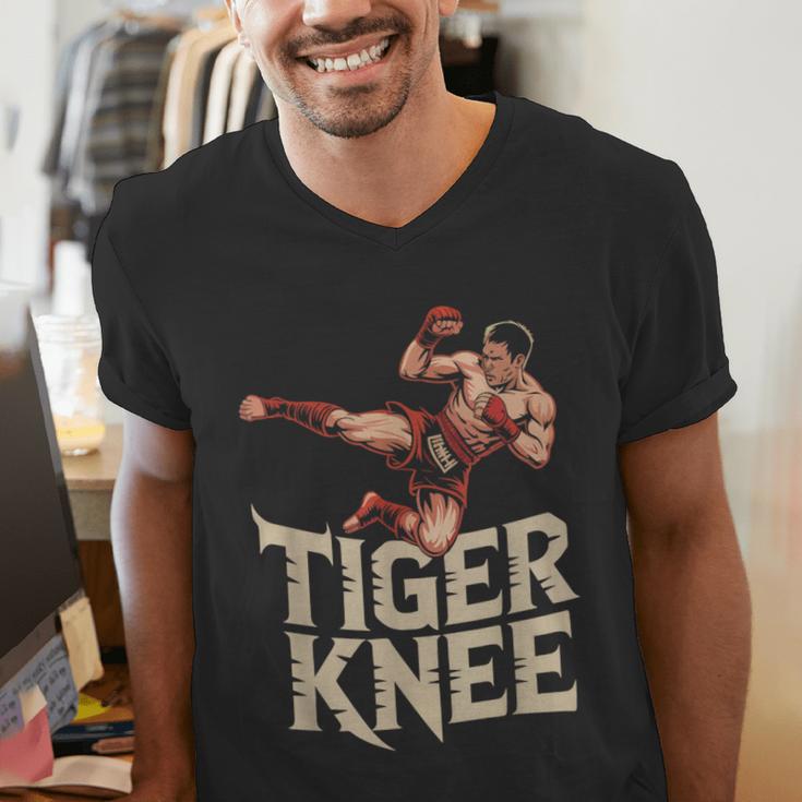 Muay Thai Fighter Tiger Knee Vintage Distressed Badge Men's V-Neck T-Shirt Muay Thai Fighter Tiger Knee Vintage Distressed Badge Men's V-Neck T-Shirt