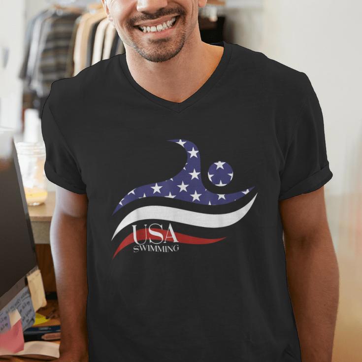 Patriotic American Flag Floating USA Swimming Team Men's V-Neck T-Shirt Patriotic American Flag Floating USA Swimming Team Men's V-Neck T-Shirt