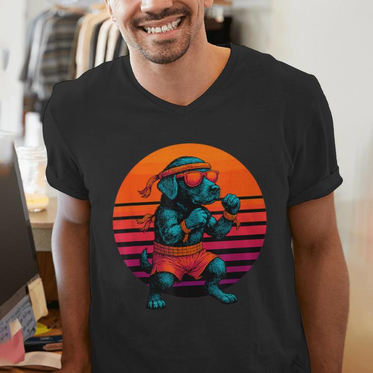 Retro Dog With Gloves Muay Thai Fighter Men's V-Neck T-Shirt