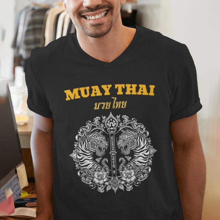 Sak Yant Muay Thai Art Tattoo Twin Tiger Kickboxing Thailand Men's V-Neck T-Shirt Sak Yant Muay Thai Art Tattoo Twin Tiger Kickboxing Thailand Men's V-Neck T-Shirt