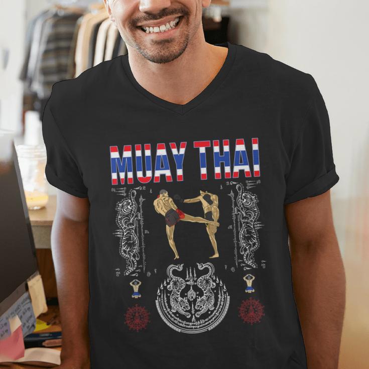 Sawadee Thai Traditional Sak Yant Thai Twin Tiger Muay Thai Men's V-Neck T-Shirt