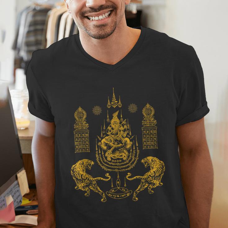Sawadee Thai Traditional Sak Yant Thai Twin Tigers Muay Thai Men's V-Neck T-Shirt Sawadee Thai Traditional Sak Yant Thai Twin Tigers Muay Thai Men's V-Neck T-Shirt