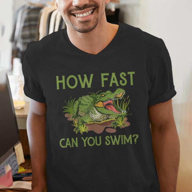 Swimmer Crocodile Swimming Humor How Fast You Can Swim Men's V-Neck T-Shirt Swimmer Crocodile Swimming Humor How Fast You Can Swim Men's V-Neck T-Shirt