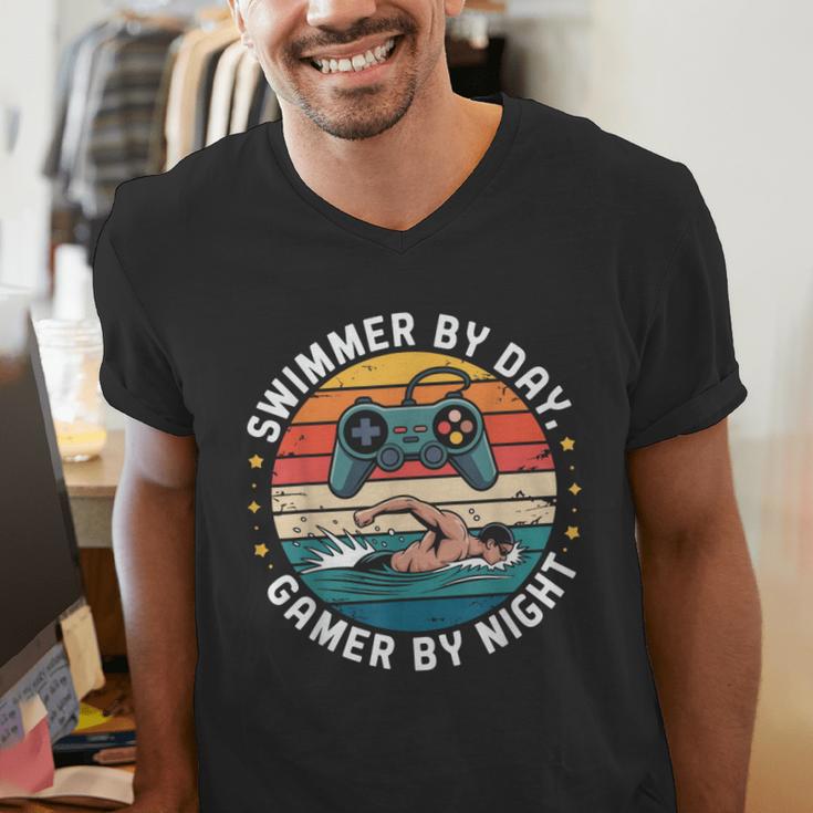 Swimmer By Day Gamer By Night Swimming Vintage Gaming Swim Men's V-Neck T-Shirt