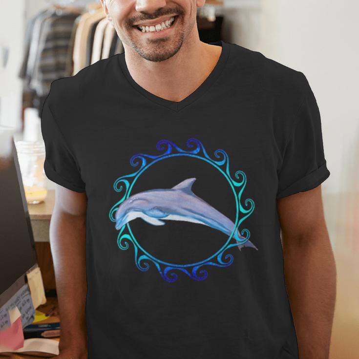 Swimming Dolphin Maori Sun Tribal Waves 2-Sided Men's V-Neck T-Shirt