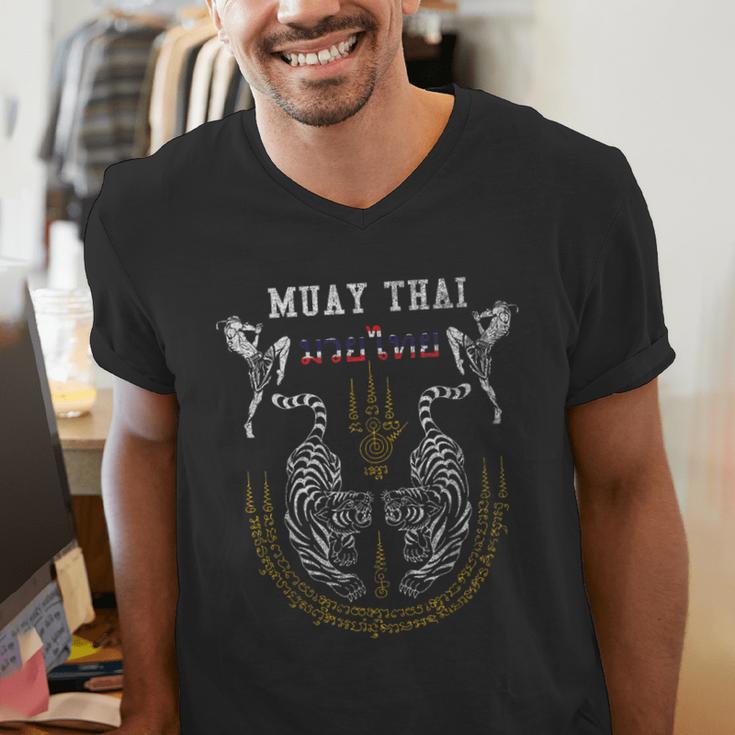 Twin Tiger Sak Yant Muay Thai Fighter Tee Martial Art Men's V-Neck T-Shirt