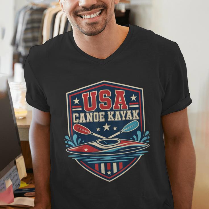 USA Canoe Kayak Paddling American Flag Emblem Men's V-Neck T-Shirt USA Canoe Kayak Paddling American Flag Emblem Men's V-Neck T-Shirt