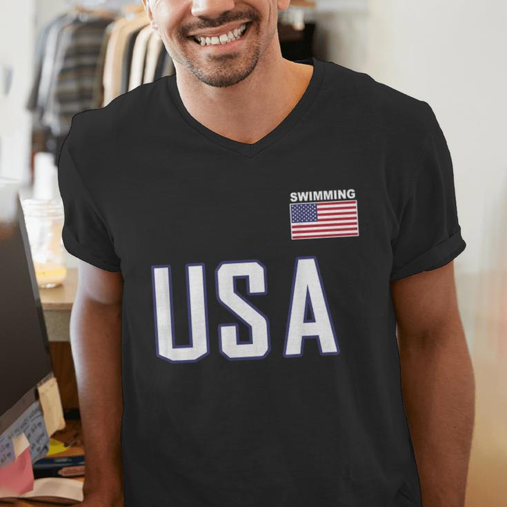 USA Flag Swim Swimming Sport Practice Equipment Men Women Men's V-Neck T-Shirt USA Flag Swim Swimming Sport Practice Equipment Men Women Men's V-Neck T-Shirt