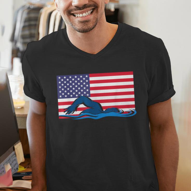 USA Flag Swimmer Swimming Sport Athlete Swim Swimming Men's V-Neck T-Shirt USA Flag Swimmer Swimming Sport Athlete Swim Swimming Men's V-Neck T-Shirt