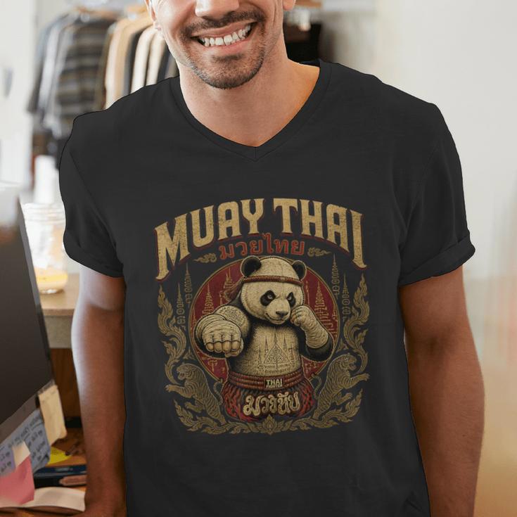 Vintage Muay Thai Gym Thai Boxing Training Fighter Panda Men's V-Neck T-Shirt