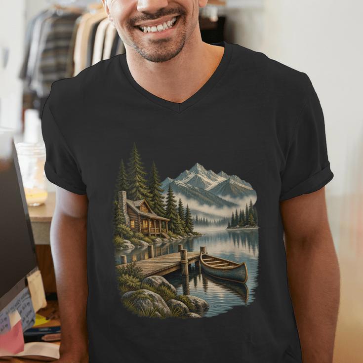 Women's Lakeside Canoe Cabin Escape Scene Men's V-Neck T-Shirt