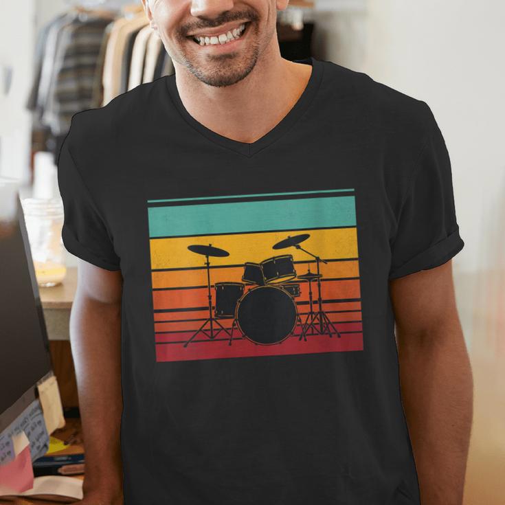 Women's Retro Drum Kit Silhouette With Color Stripes Men's V-Neck T-Shirt Women's Retro Drum Kit Silhouette With Color Stripes Men's V-Neck T-Shirt