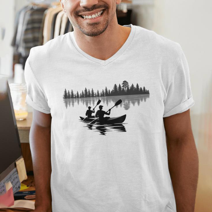 Canoe Silhouette Forest Lake Reflection Men's V-Neck T-Shirt Canoe Silhouette Forest Lake Reflection Men's V-Neck T-Shirt