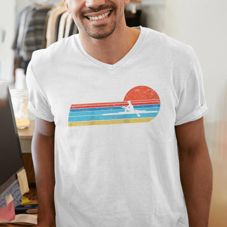 Canoes-Rowing Canoe-Rower Canoeing-Canoeist Vintage Canoes Raglan Baseball Tee Men's V-Neck T-Shirt Canoes-Rowing Canoe-Rower Canoeing-Canoeist Vintage Canoes Raglan Baseball Tee Men's V-Neck T-Shirt
