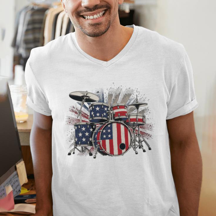 Drum Kit With American Flag Graphic For Musicians Men's V-Neck T-Shirt Drum Kit With American Flag Graphic For Musicians Men's V-Neck T-Shirt