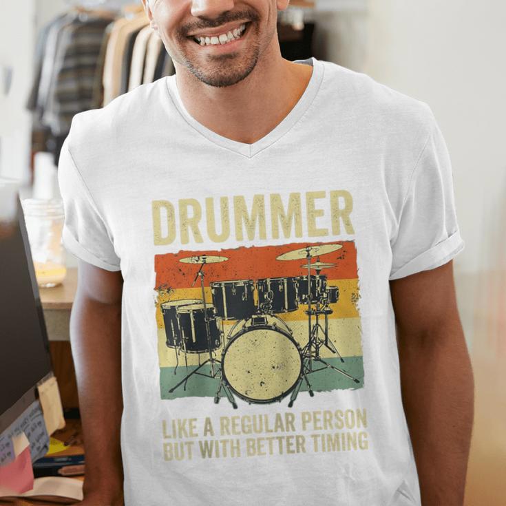Drummer Better Timing Retro Vintage Sunset Drum Kit Graphic Raglan Baseball Tee Men's V-Neck T-Shirt