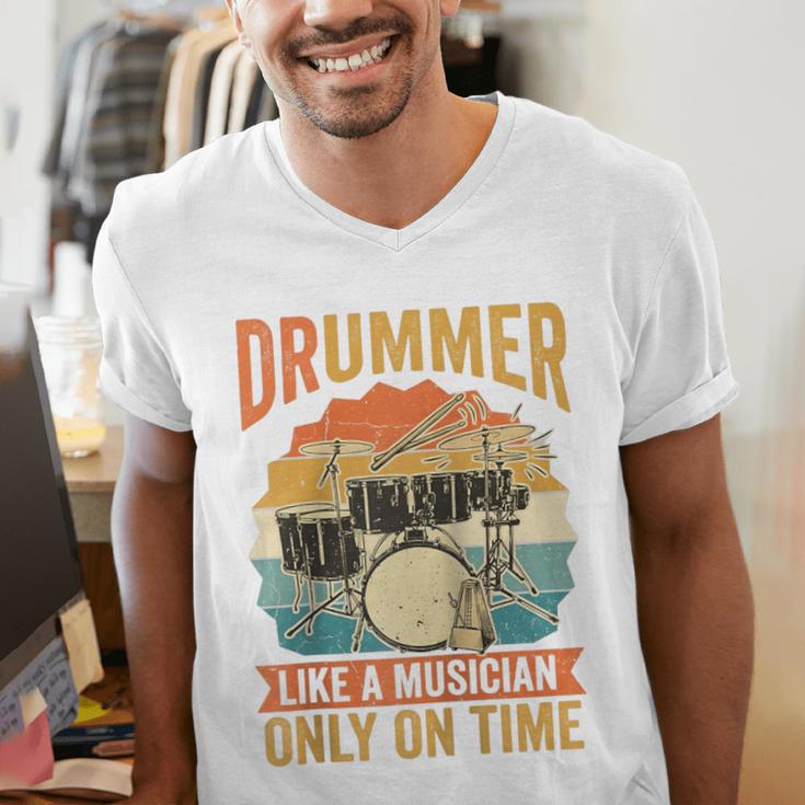 Drummer Like a Musician Only On Time Vintage Sunset Drum Kit Raglan Baseball Tee Men's V-Neck T-Shirt
