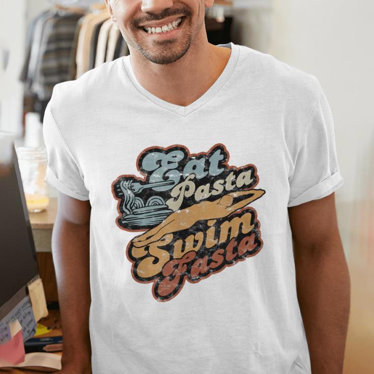 Eat Pasta Swim Fasta Swimmer Vintage Swimming Men's V-Neck T-Shirt Eat Pasta Swim Fasta Swimmer Vintage Swimming Men's V-Neck T-Shirt