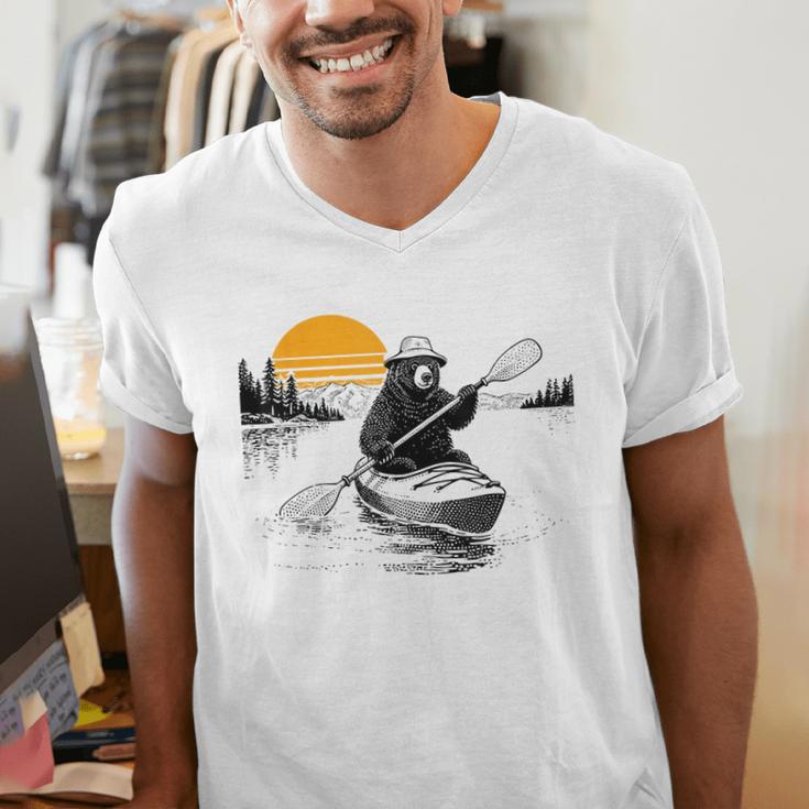 Kayaking Bear Retro Sunset Paddling Canoe Outdoor Adventure Men's V-Neck T-Shirt Kayaking Bear Retro Sunset Paddling Canoe Outdoor Adventure Men's V-Neck T-Shirt