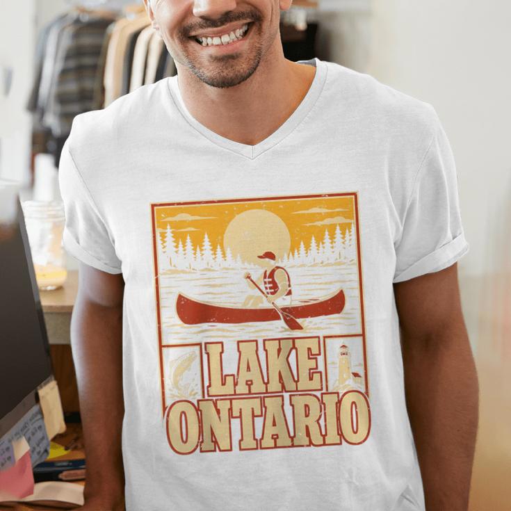 Lake Ontario Canoe Fishing Light House Sunset Retro Raglan Baseball Tee Men's V-Neck T-Shirt Lake Ontario Canoe Fishing Light House Sunset Retro Raglan Baseball Tee Men's V-Neck T-Shirt
