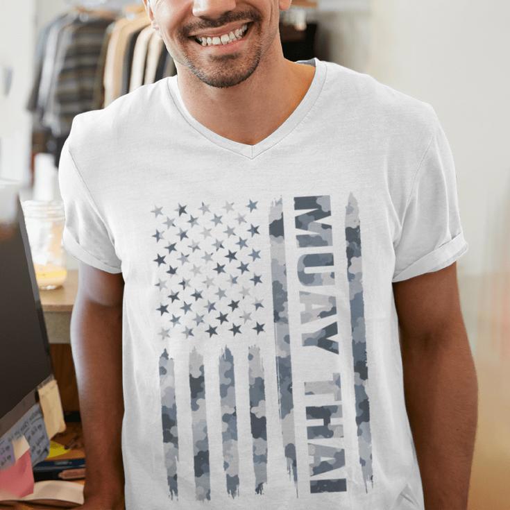 Muay Thai American Flag Camo Military Patriotic Men's V-Neck T-Shirt
