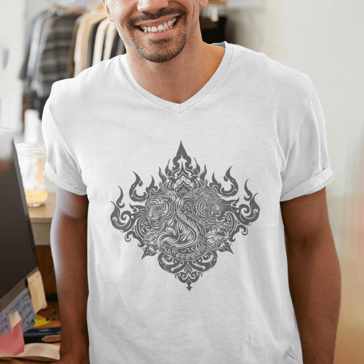 Sak Yant Muay Thai MMA Tattoo Twin Tiger Martial Art Boxing Men's V-Neck T-Shirt