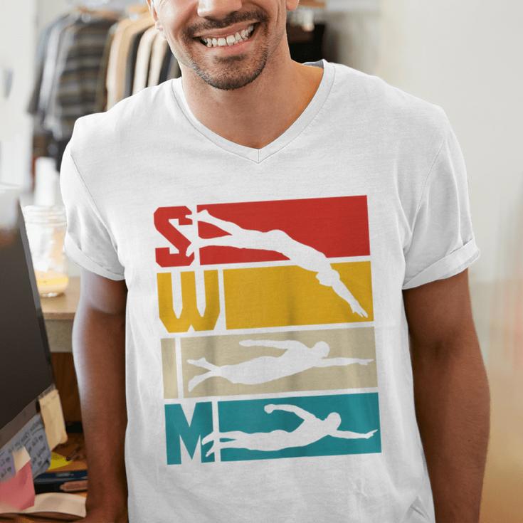 Swim Swimming Vintage Retro Swimmer Raglan Baseball Tee Men's V-Neck T-Shirt