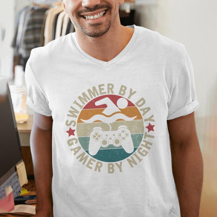 Swimmer By Day Gamer By Night Swimming Swim Gaming Men's V-Neck T-Shirt