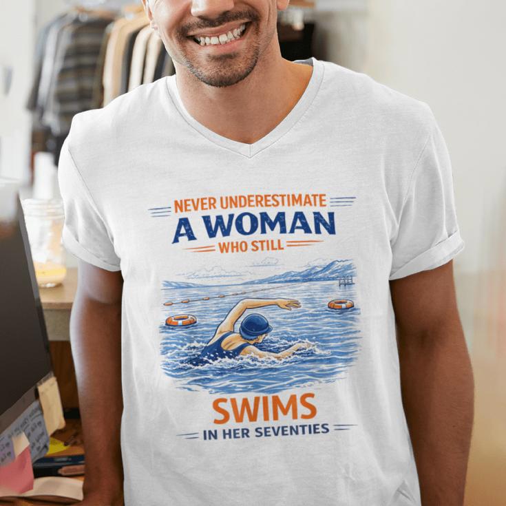 Swimming Never Underestimate A Woman Swim In Her Seventies Men's V-Neck T-Shirt Swimming Never Underestimate A Woman Swim In Her Seventies Men's V-Neck T-Shirt