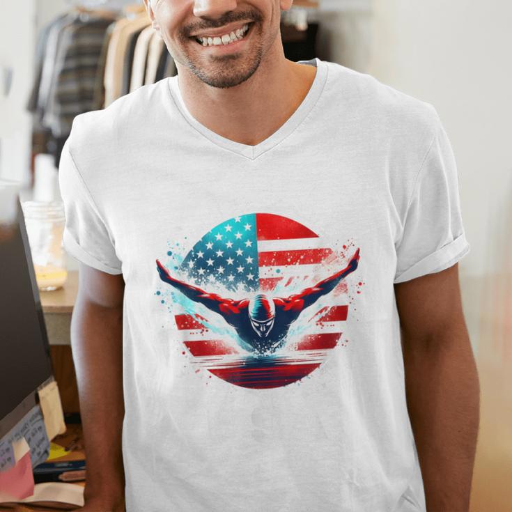 Swimming United States Shirt With American Flag Swimming Men's V-Neck T-Shirt