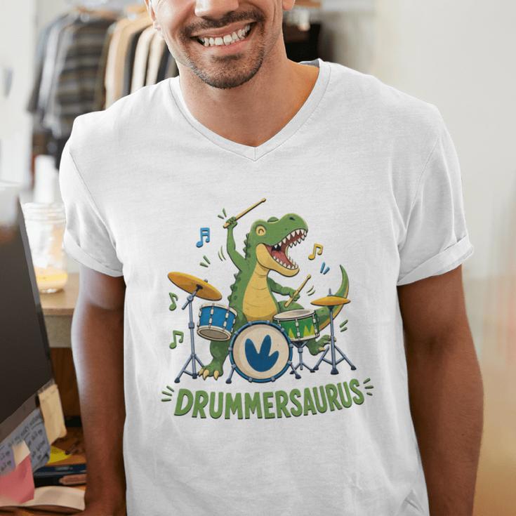 T-Rex Drumming With Drum Kit And Musical Notes Men's V-Neck T-Shirt T-Rex Drumming With Drum Kit And Musical Notes Men's V-Neck T-Shirt