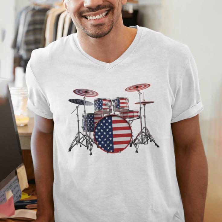 USA Patriotic Drum Kit American Flag Drum Set Men's V-Neck T-Shirt
