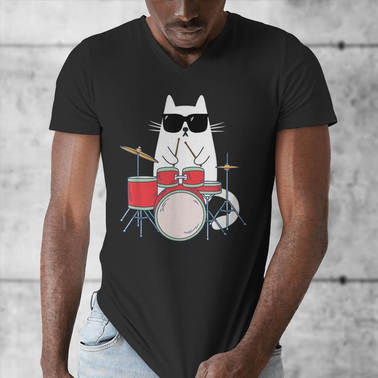 Cat Wearing Sunglasses Playing Drums Drum Kit Musician Men's V-Neck T-Shirt