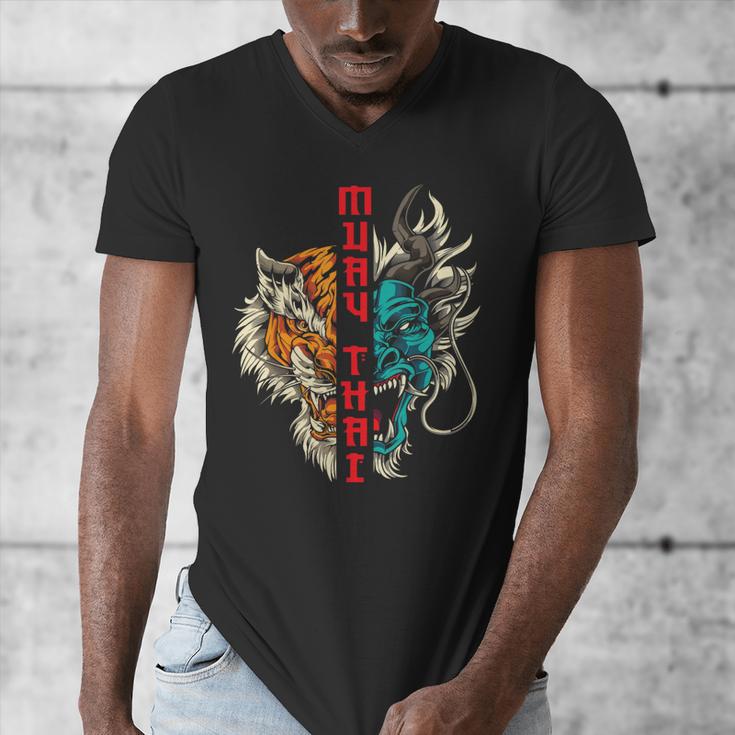 Muay Thai Thai Boxing Dragon Tiger Men's V-Neck T-Shirt Muay Thai Thai Boxing Dragon Tiger Men's V-Neck T-Shirt