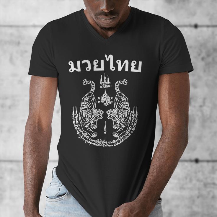 Muay Thai Language Sak Yant Art Tattoo Twin Tiger Kickboxing Men's V-Neck T-Shirt Muay Thai Language Sak Yant Art Tattoo Twin Tiger Kickboxing Men's V-Neck T-Shirt