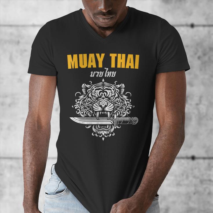 Muay Thai Sak Yant MMA Tattoo Tiger Lion Knife Martial Art Men's V-Neck T-Shirt