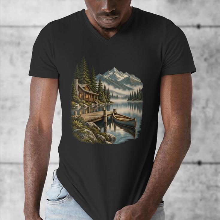 Women's Lakeside Canoe Cabin Escape Scene Men's V-Neck T-Shirt
