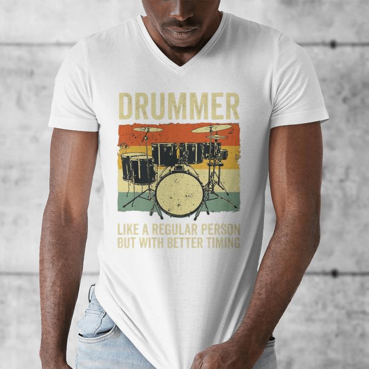 Drummer Better Timing Retro Vintage Sunset Drum Kit Graphic Men's V-Neck T-Shirt Drummer Better Timing Retro Vintage Sunset Drum Kit Graphic Men's V-Neck T-Shirt