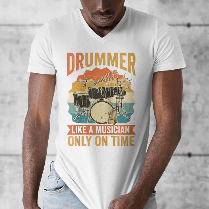 Drummer Like a Musician Only On Time Vintage Sunset Drum Kit Raglan Baseball Tee Men's V-Neck T-Shirt