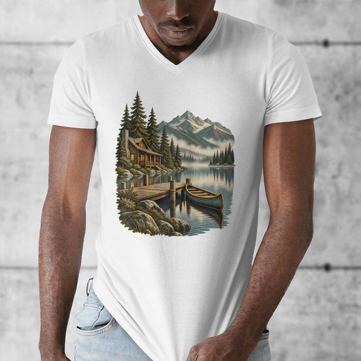 Lakeside Canoe Cabin Escape Scene Raglan Baseball Tee Men's V-Neck T-Shirt