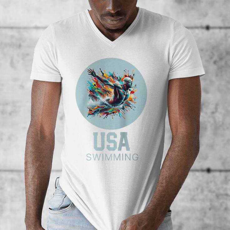 SWIMMING SPORT COMPETITIVE SWIM Raglan Baseball Tee Men's V-Neck T-Shirt SWIMMING SPORT COMPETITIVE SWIM Raglan Baseball Tee Men's V-Neck T-Shirt