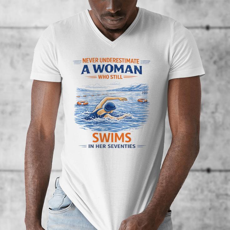 Swimming Never Underestimate A Woman Swim In Her Seventies Men's V-Neck T-Shirt Swimming Never Underestimate A Woman Swim In Her Seventies Men's V-Neck T-Shirt