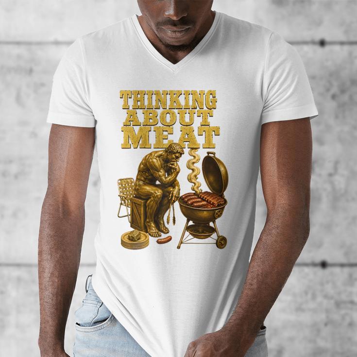 Thinking About Meat BBQ Dad Humor Raglan Baseball Tee Men's V-Neck T-Shirt Thinking About Meat BBQ Dad Humor Raglan Baseball Tee Men's V-Neck T-Shirt