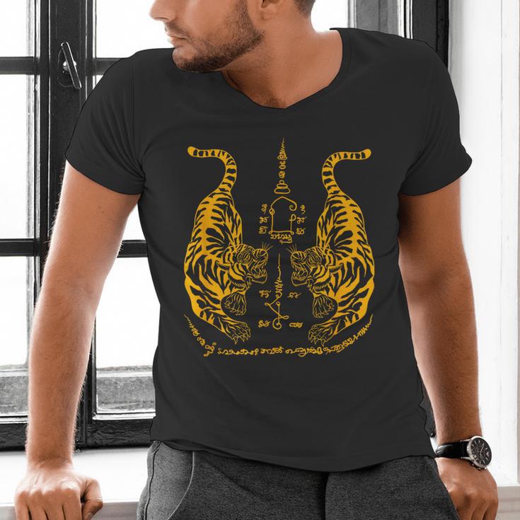 Awesome Orange Double Tiger Muay Thai Sak Yant Men's V-Neck T-Shirt Awesome Orange Double Tiger Muay Thai Sak Yant Men's V-Neck T-Shirt