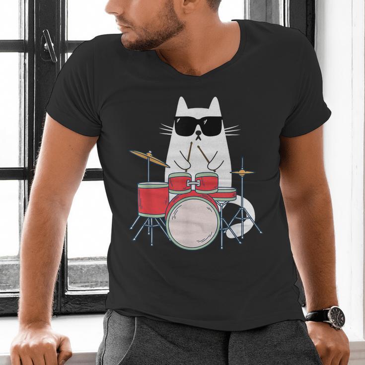 Cat Wearing Sunglasses Playing Drums Drum Kit Musician Men's V-Neck T-Shirt