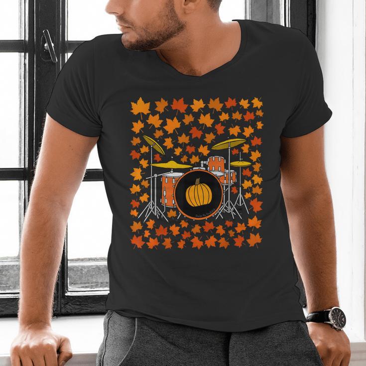Drum Kit With Leaves Fall Drummer Autumn Musician Men's V-Neck T-Shirt Drum Kit With Leaves Fall Drummer Autumn Musician Men's V-Neck T-Shirt