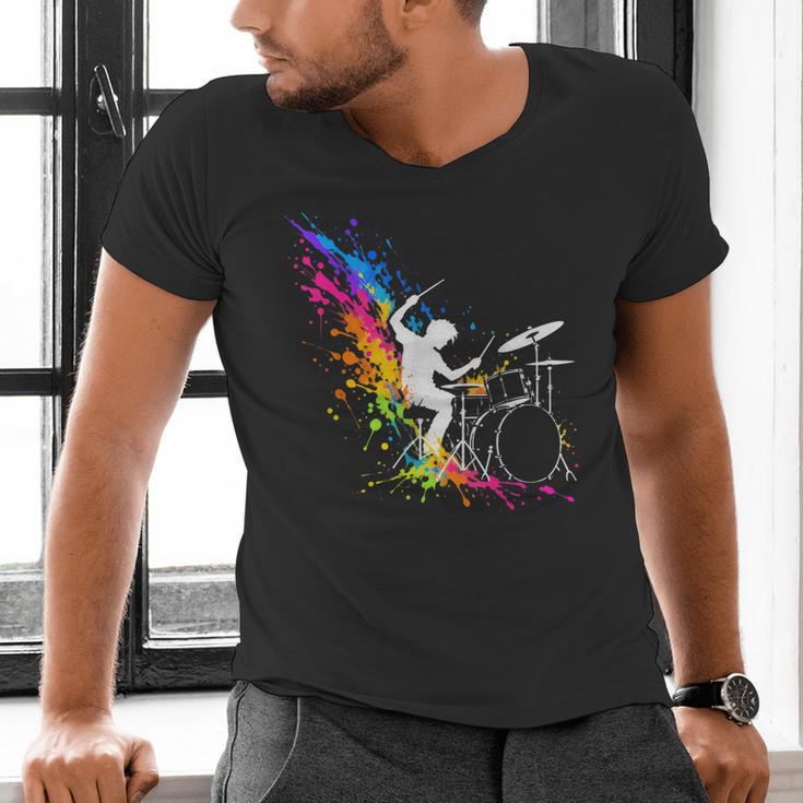 Drummer Silhouette Drum Kit Splatter Art Men's V-Neck T-Shirt Drummer Silhouette Drum Kit Splatter Art Men's V-Neck T-Shirt