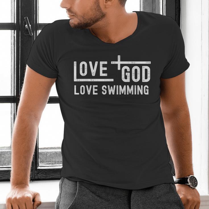 Love God Love Swimming Swim With Jesus For Christian Athlete Men's V-Neck T-Shirt Love God Love Swimming Swim With Jesus For Christian Athlete Men's V-Neck T-Shirt