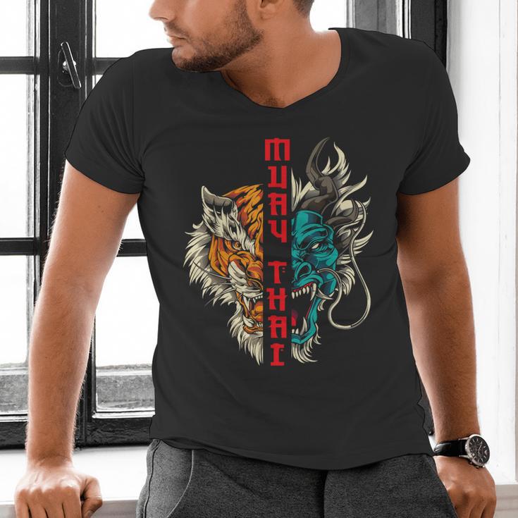 Muay Thai Thai Boxing Dragon Tiger Men's V-Neck T-Shirt Muay Thai Thai Boxing Dragon Tiger Men's V-Neck T-Shirt