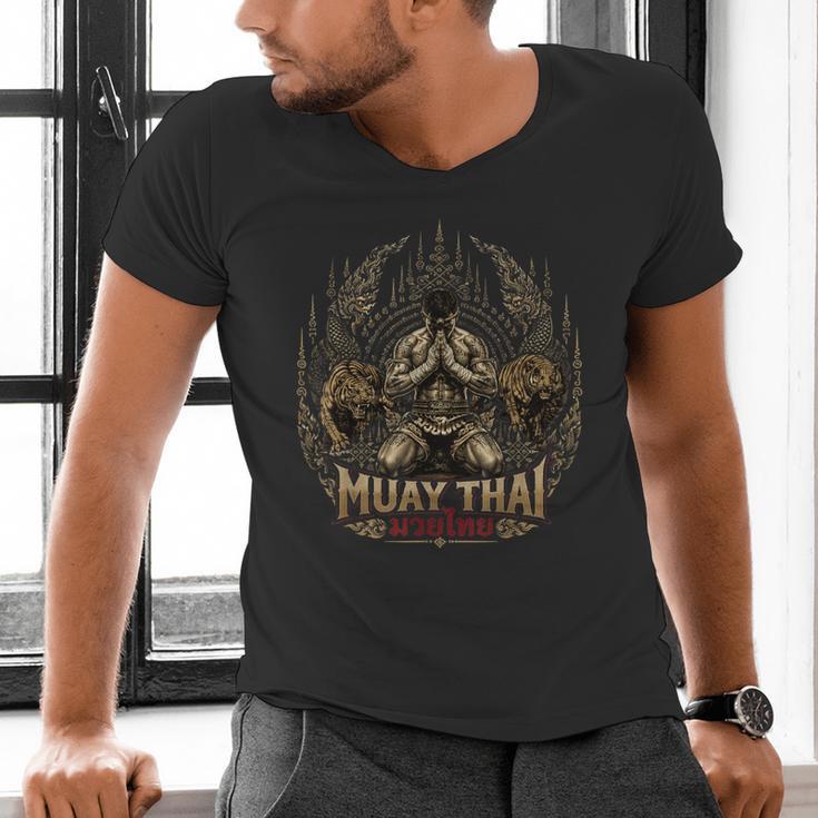 Muay Thai Clinch Vintage Thai Boxing Fighter Art Men's V-Neck T-Shirt